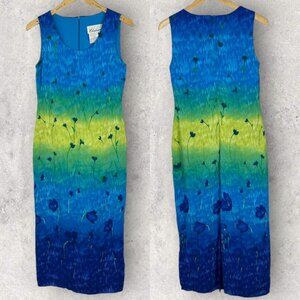 Vintage Chatcarel Bohemian Print Blue Yellow Maxi Shift Dress Size 6 Canada Made